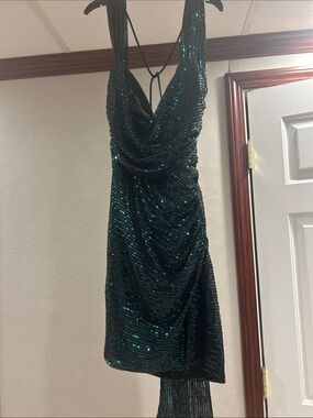 Emerald Green Sequin Draped Mini Dress